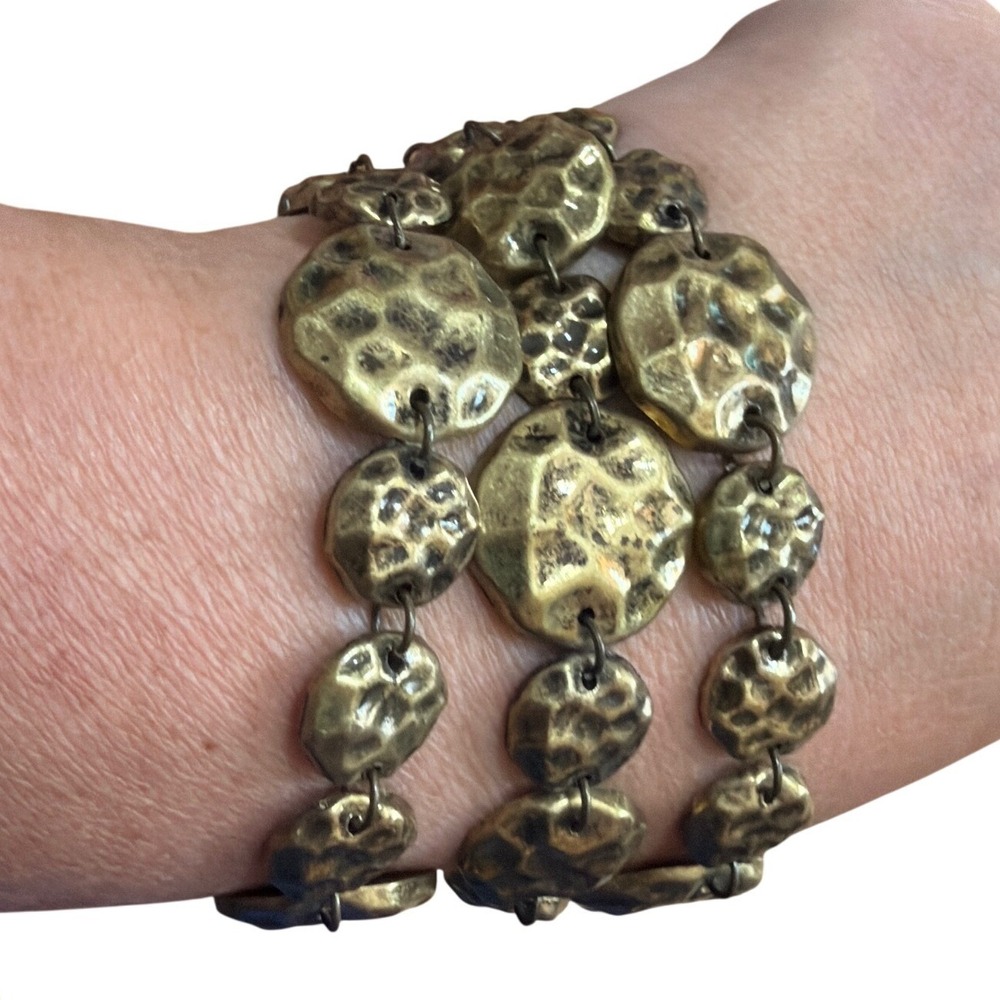 Hammered Brass Triple Strand Statement Bracelet Antique Gold Boho Toggle Clasp